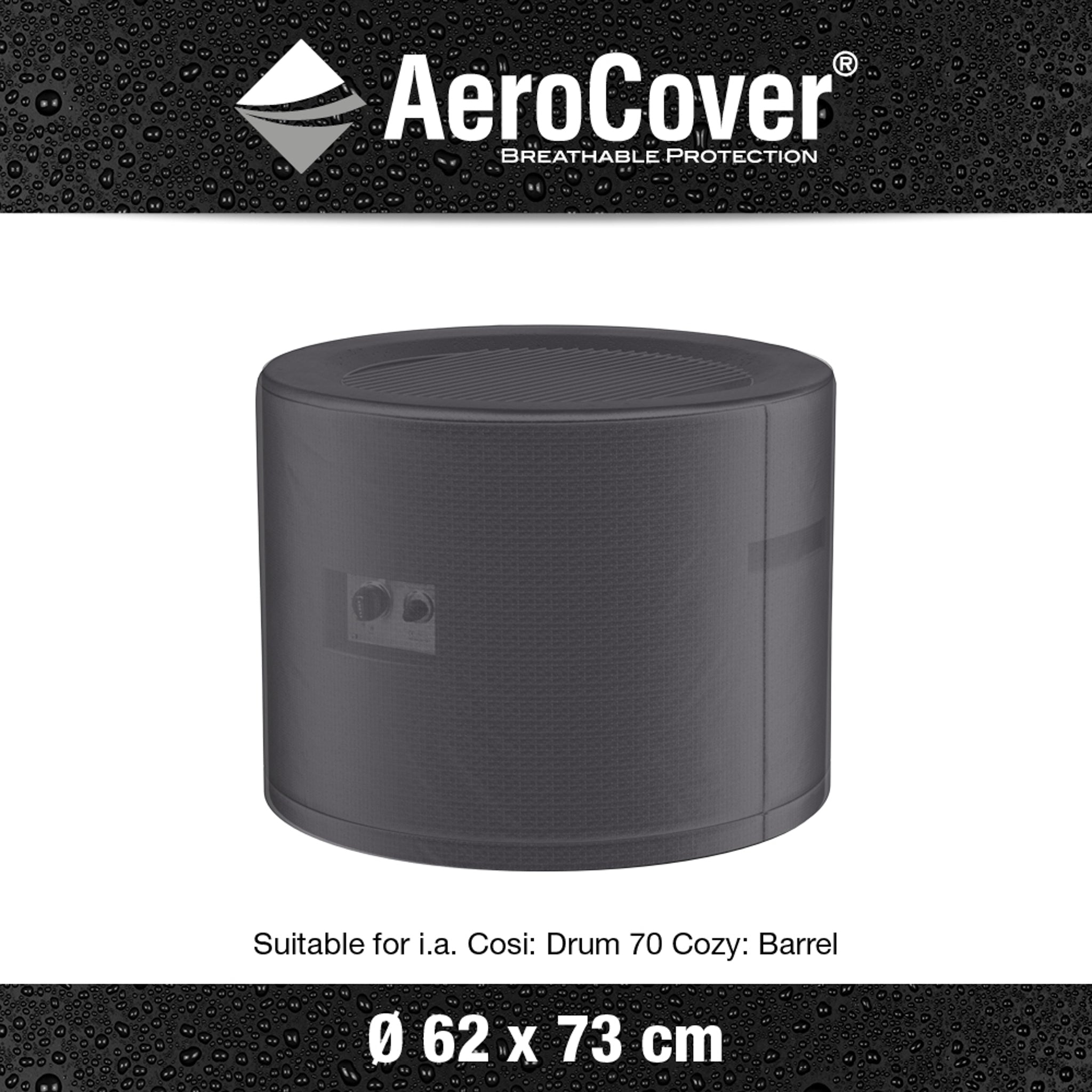 AeroCover - Firetable Round 62x73cm high, a breathable and water-resistant cover for a circular drum or barrel measuring 62 cm in diameter and 73 cm in height, UV protected to ensure durability.