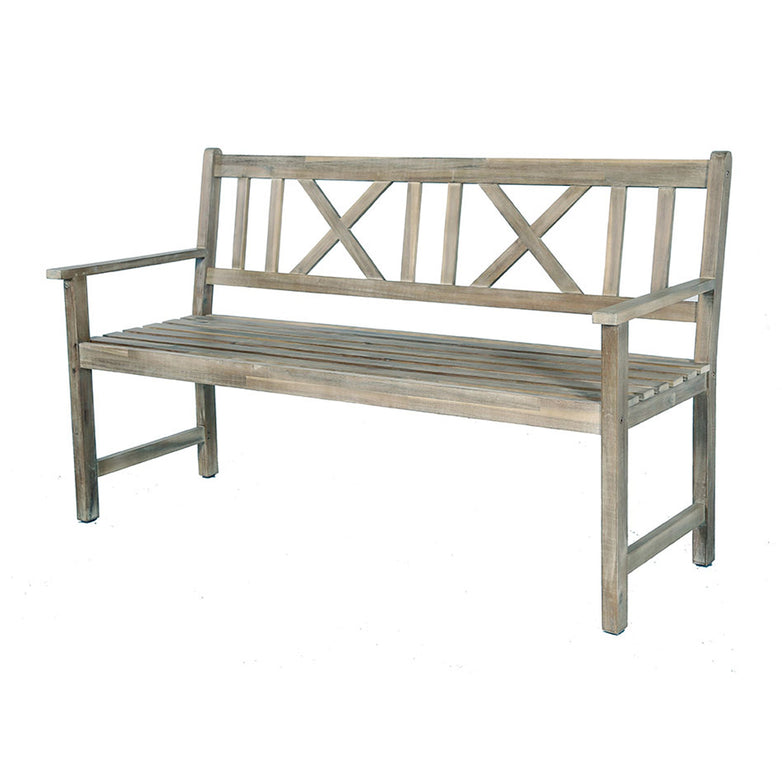 The Cambridge 3 Seater Acacia Wood Bench in Antique Grey features a slatted seat and backrest adorned with a crisscross pattern, making it the perfect garden furniture for stylishly comfortable outdoor relaxation.