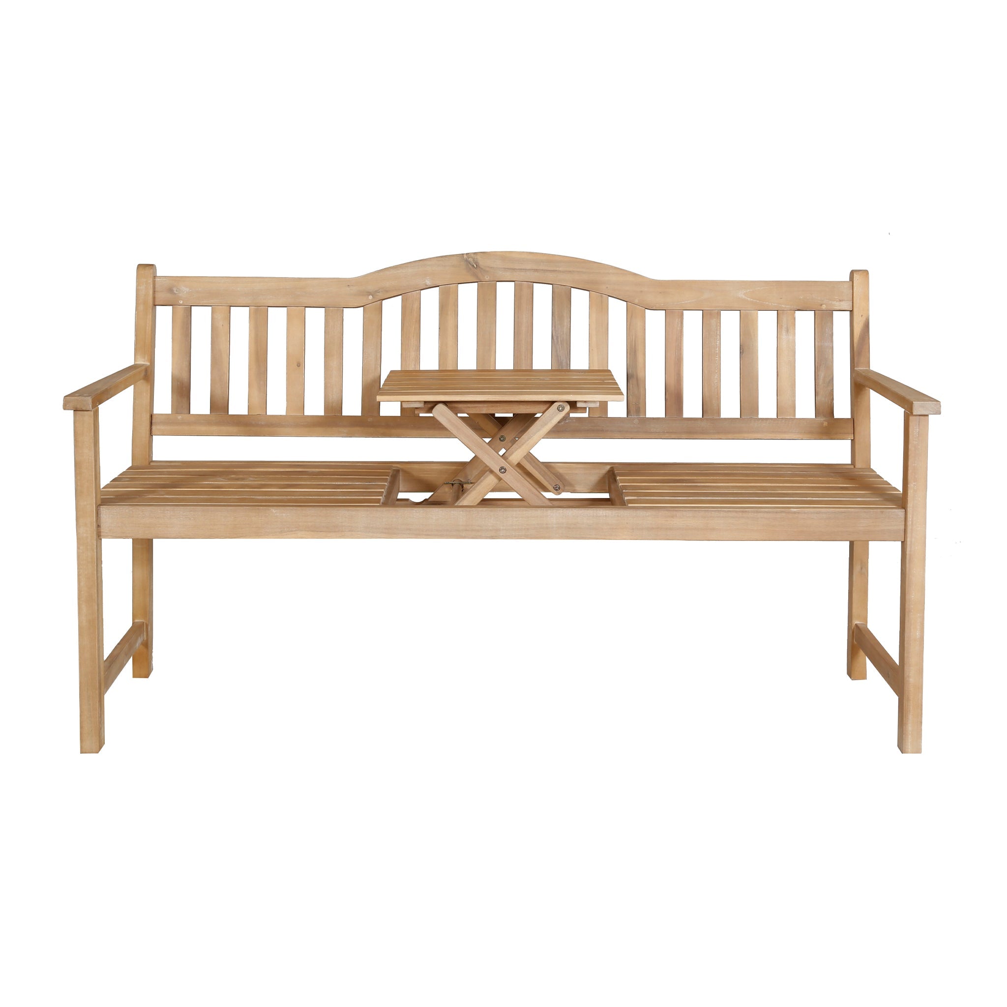 Richmond Antique Wood Bench with Pop Up Table in Light Teak, featuring a slatted backrest and armrests.