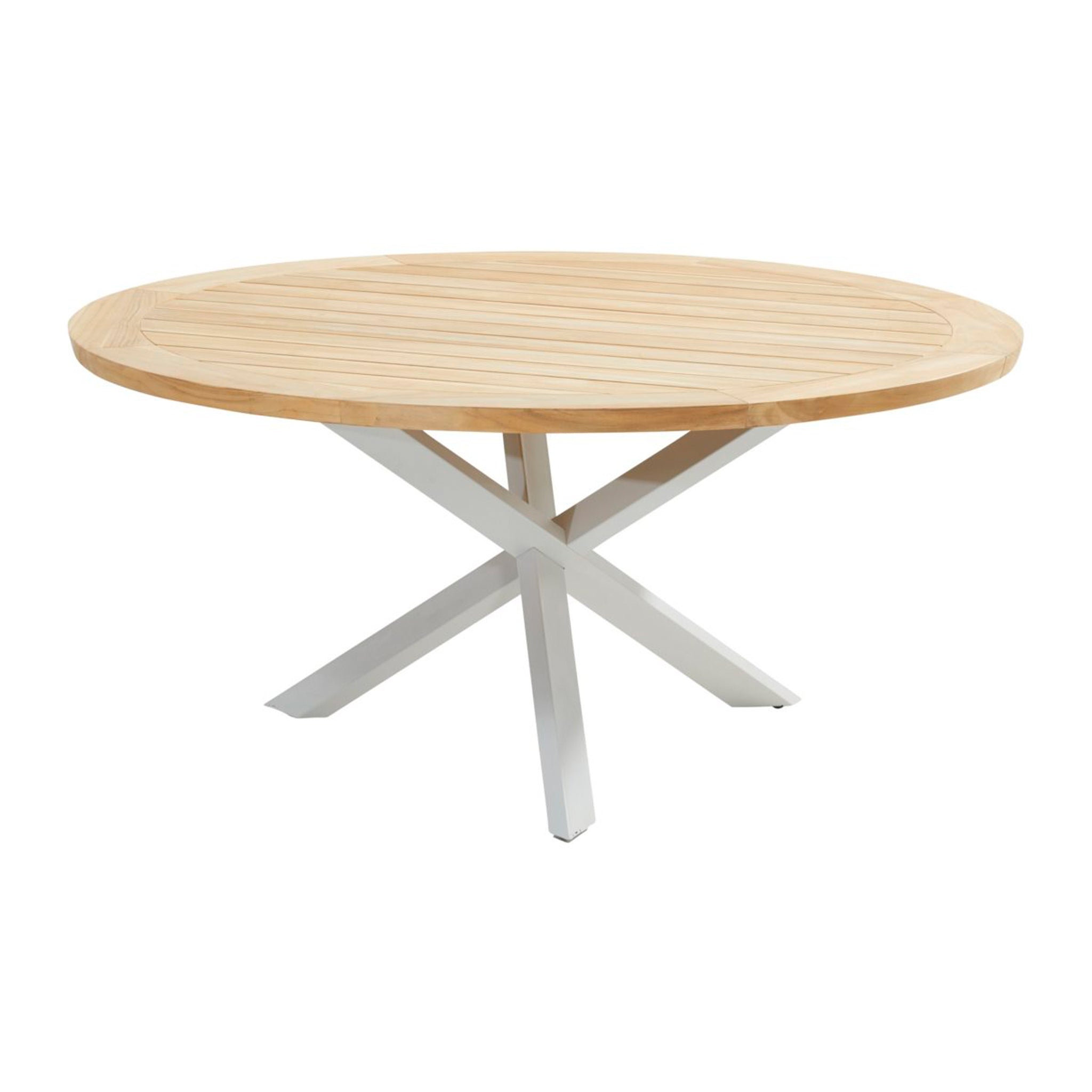 A round wooden table with a light grey teak plank top and white crossed metal legs, part of the Bernini range, on a white background.