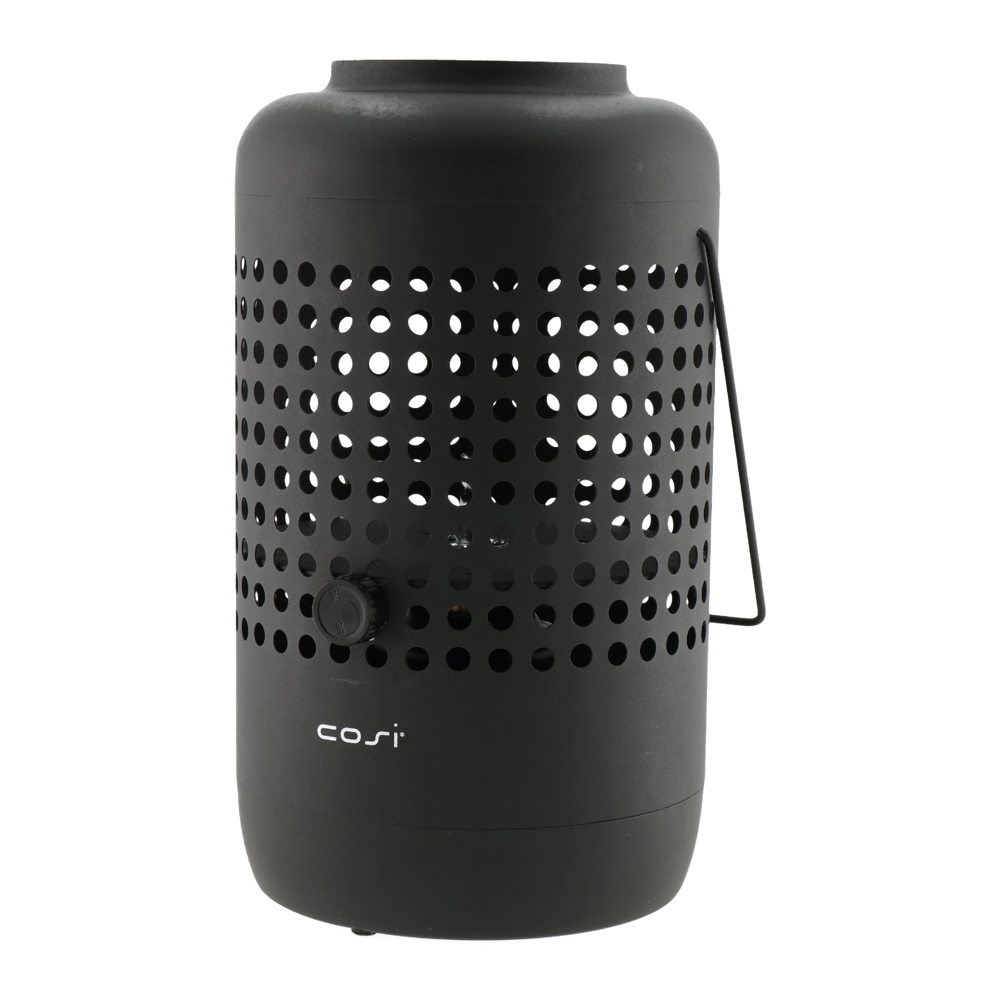 The Cosiscoop Drop Lantern in Black is a cylindrical, lantern-style portable heater with perforated sides and a handle, ideal for warming up your outdoor space. It features "cosi" written on the bottom and uses gas cartridges for hassle-free operation.