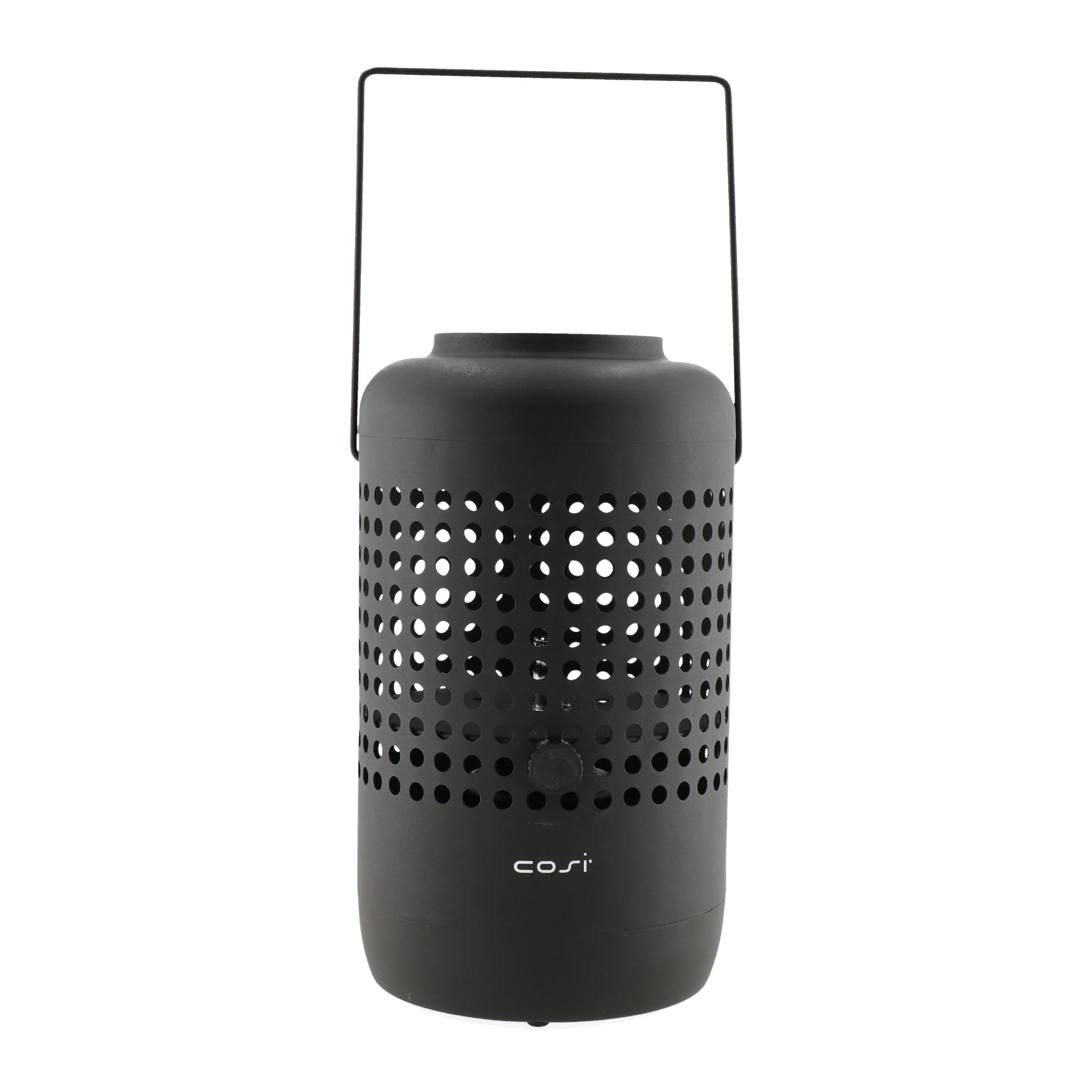 A black Cosiscoop Drop Lantern with a perforated design and handle, labeled "cosi" near the base, perfect for illuminating your outdoor space.