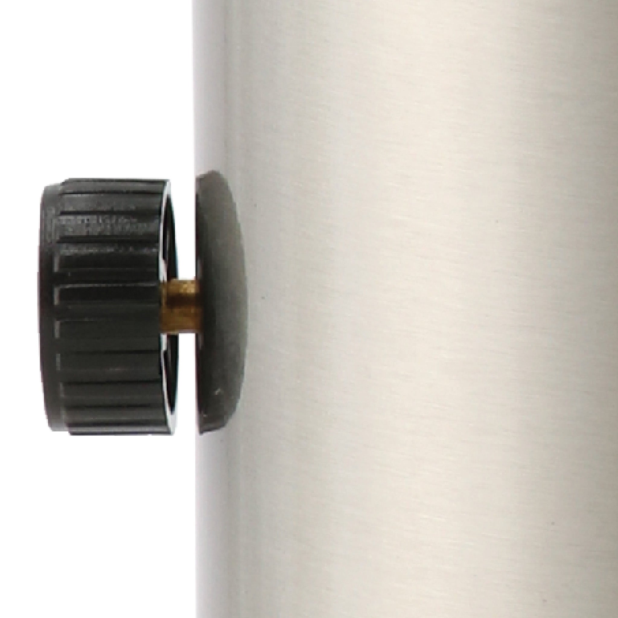 A close-up of the Cosi - Cosiscoop Fire Lantern in Stainless Steel features a cylindrical design with a black ribbed knob, reminiscent of an outdoor fire lantern.