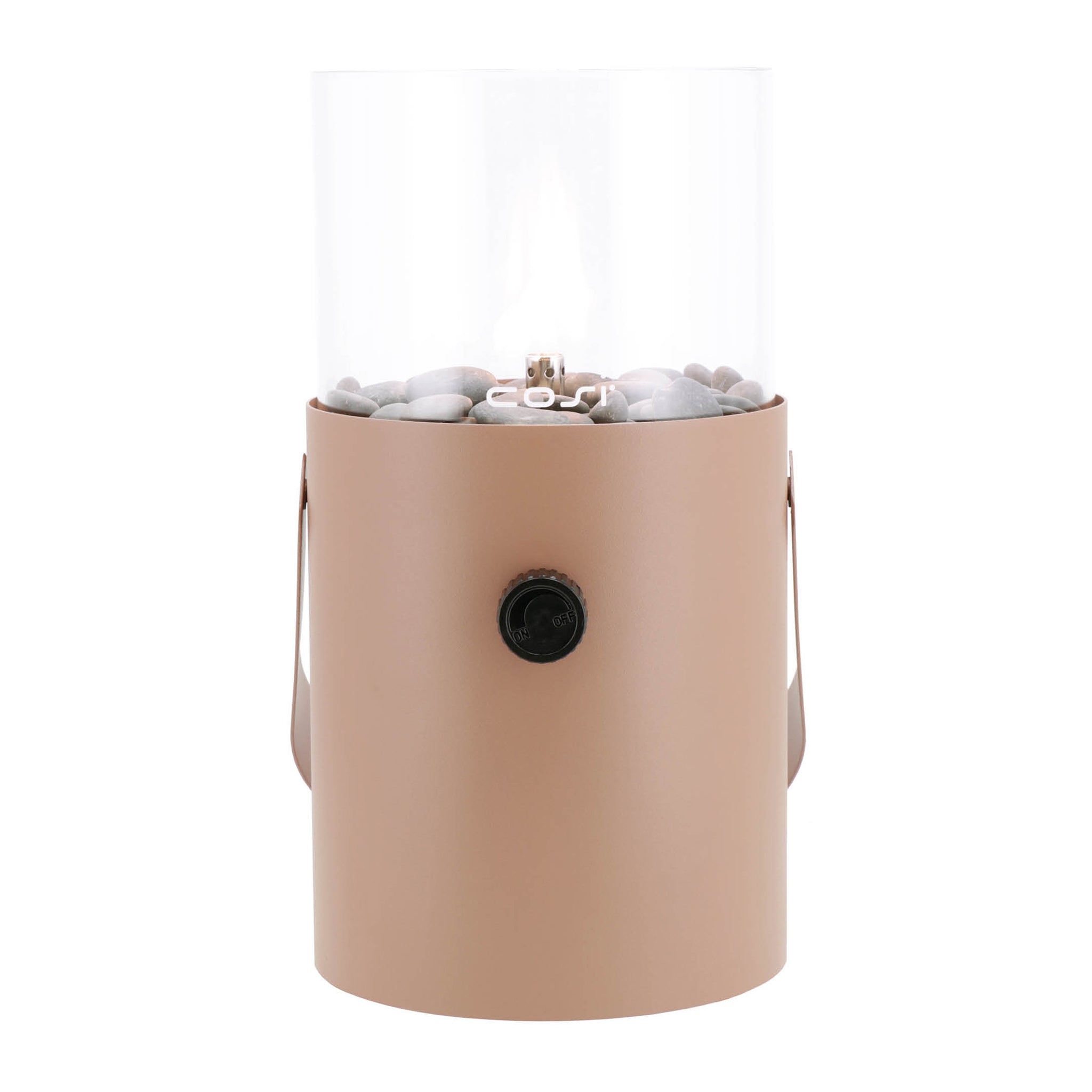 Check out the Cosiscoop Fire Lantern in Terracotta, a portable tabletop gas heater with a stylish cylindrical design, glass shield, and control knob—perfect for illuminating your garden.