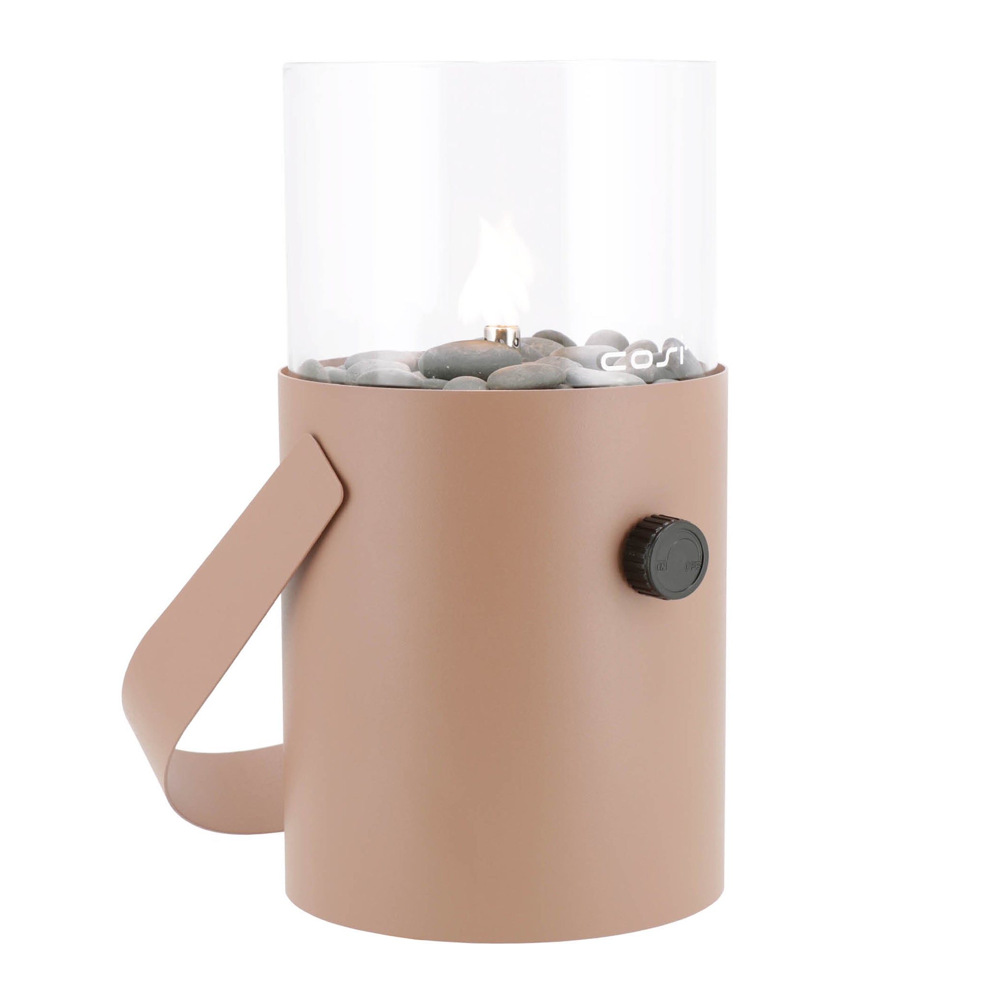 The Cosiscoop Fire Lantern in Terracotta features a portable, cylindrical design with a glass enclosure, pebbles inside, and a convenient side handle—ideal for garden lighting.