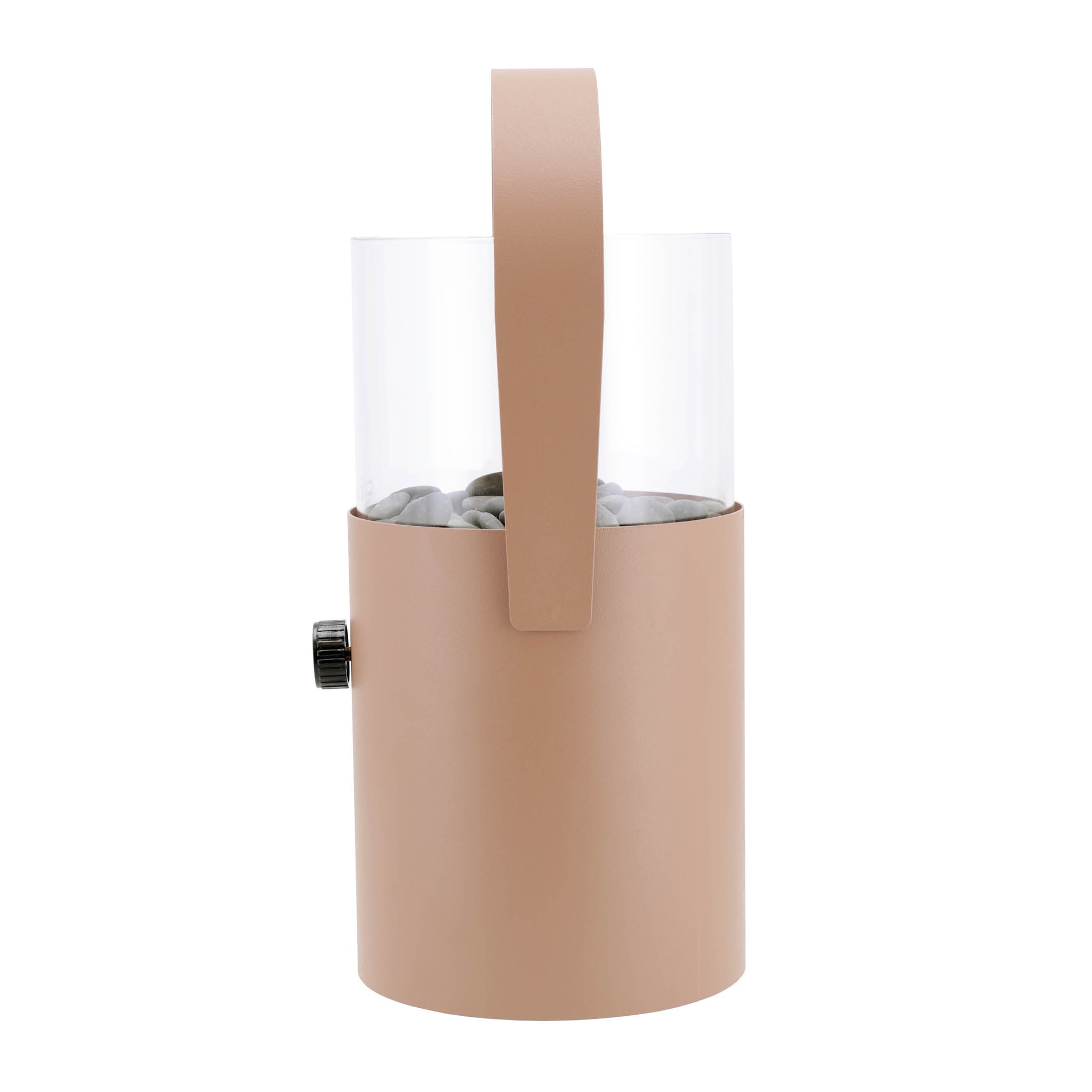 The Cosi - Cosiscoop Fire Lantern in Terracotta, featuring a beige cylindrical design, transparent top, black knob, and curved handle, is elegantly displayed on a white background.