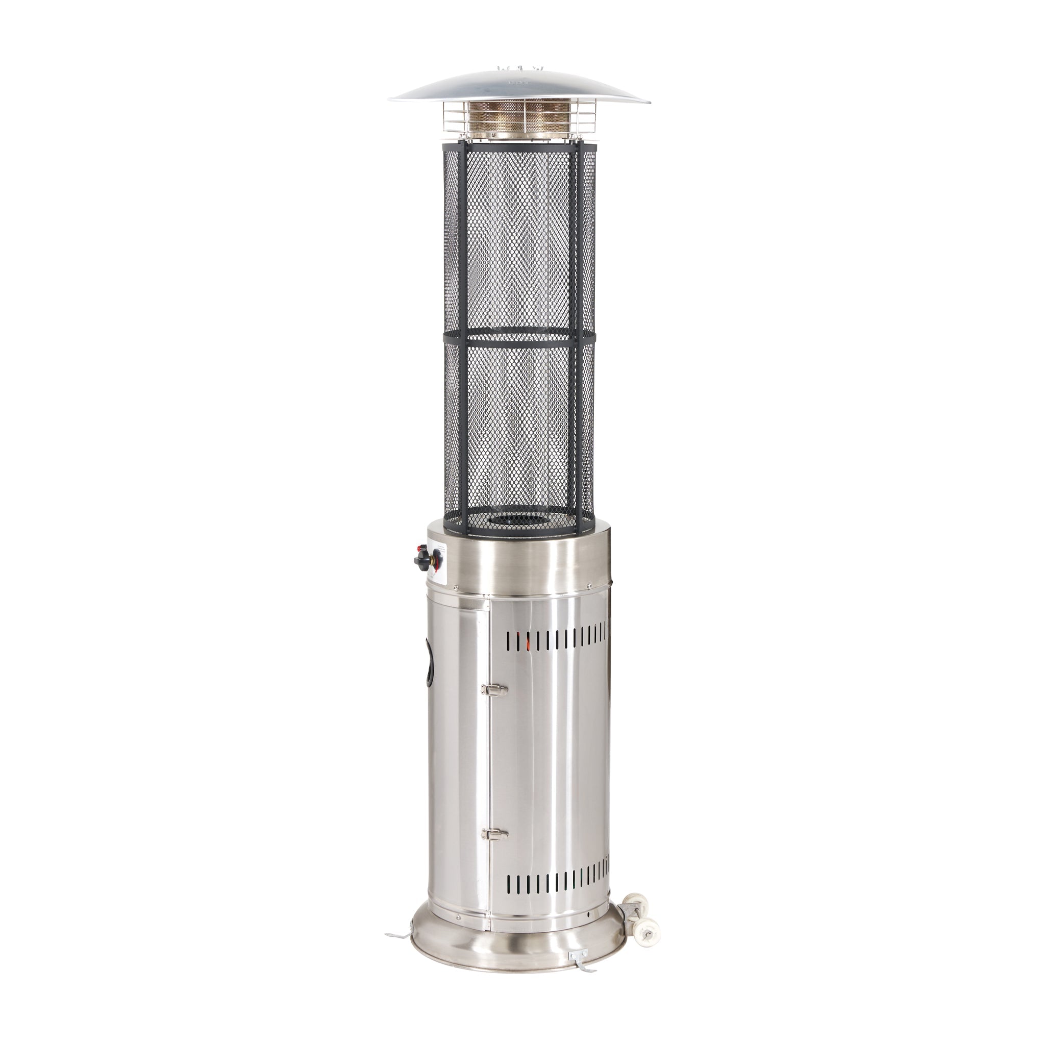 Stainless Steel Cylinder Patio Heater featuring a protective mesh casing and flat circular top, designed for outdoor use. Powered by propane gas for optimal warmth.