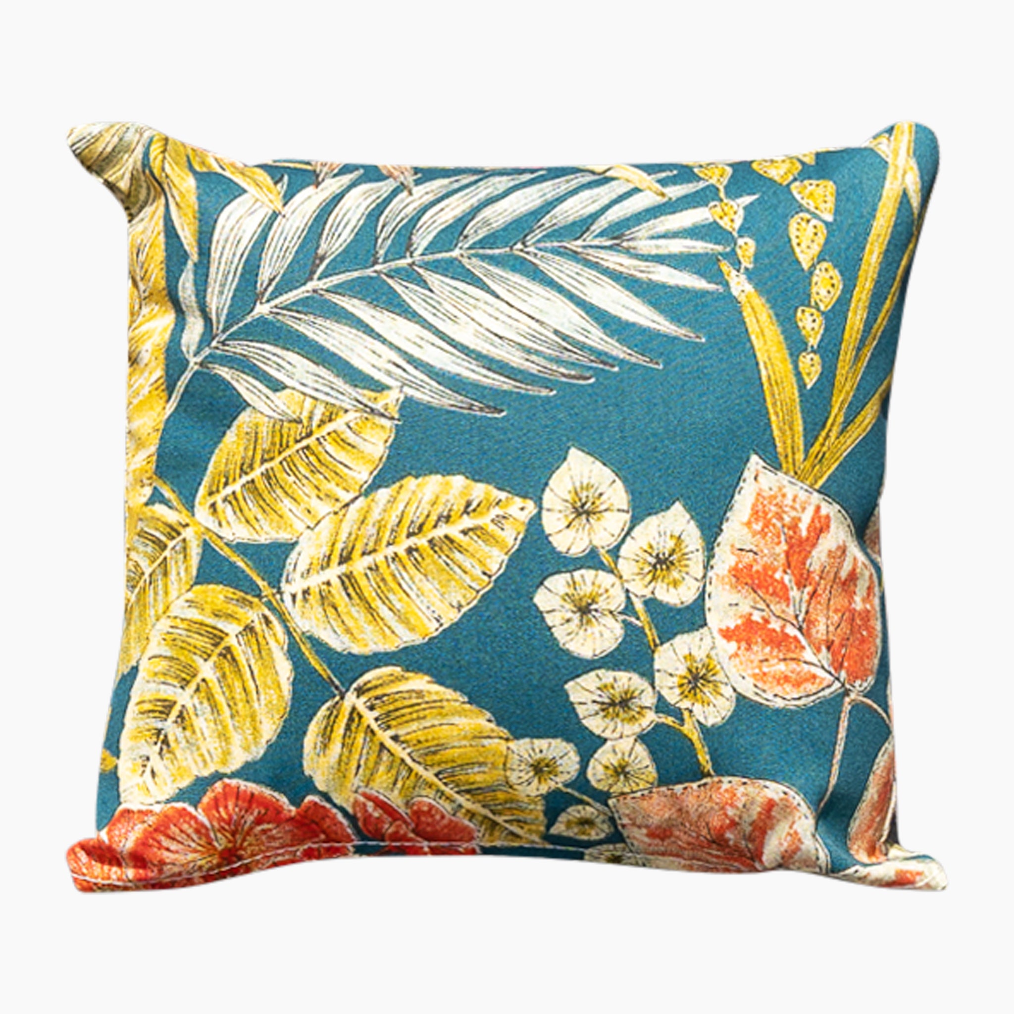 The Acrisol Bouquet Petrol Small Scatter Cushion, measuring 25cm x 25cm, features a vibrant design of red, yellow, and white leaves on a teal background—perfect for outdoor use as scatter cushions.