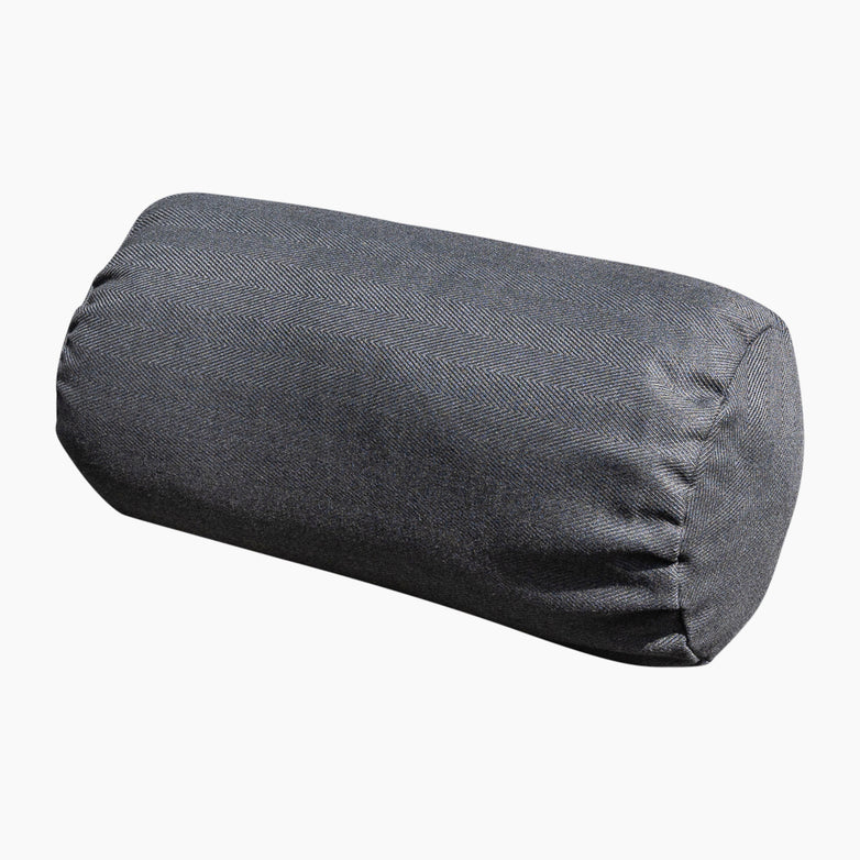 The Agora Esquire Mica Large Round Bolster Floor Cushion, measuring 72cm x 35cm, features a soft solution-dyed acrylic fabric cover in a gray hue.