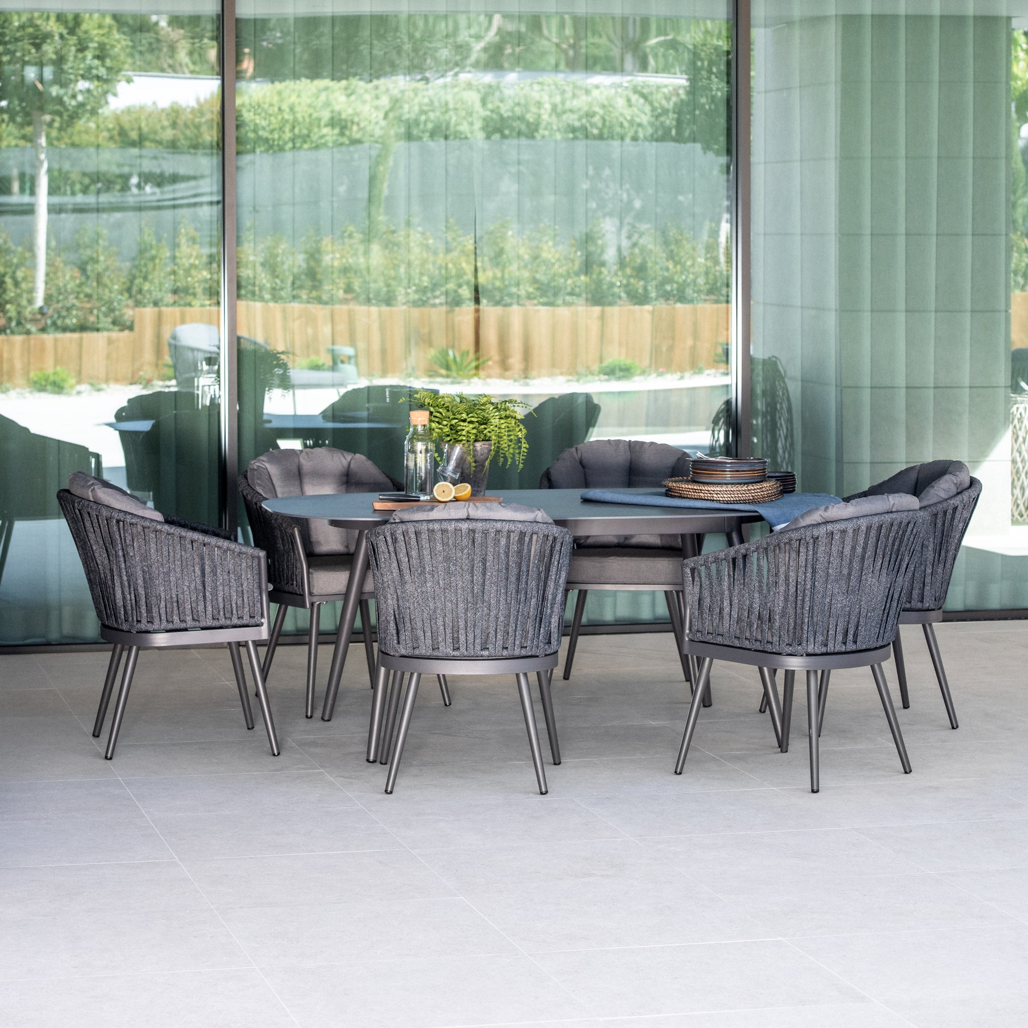 Monterrey 6 Seat Rope Dining Set with Oval Ceramic Table in Grey