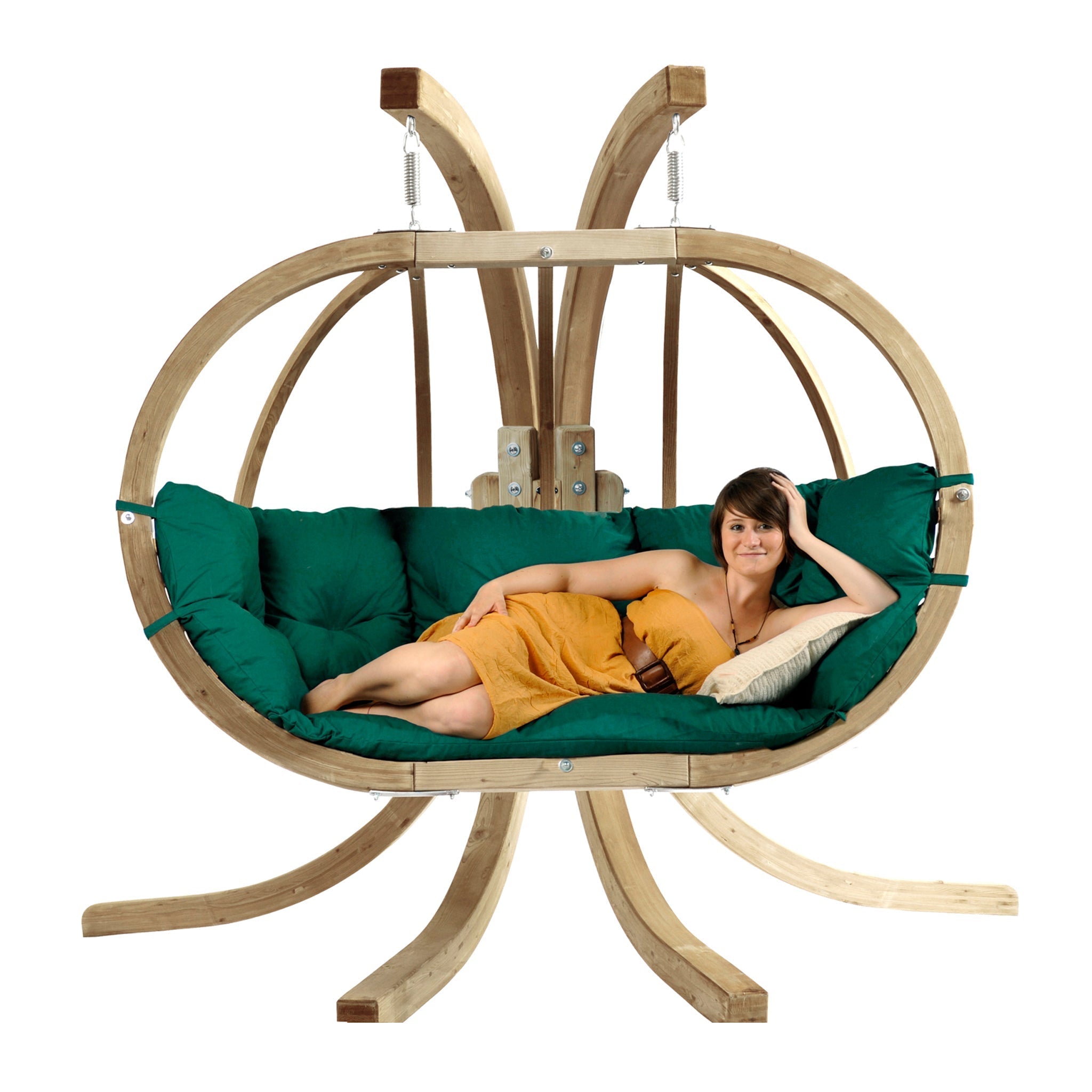 A person relaxing on a Globo Royal Double Seater Hanging Chair Set in Verde Green, featuring a unique frame made from weatherproof spruce wood, swings indoors against a white background.