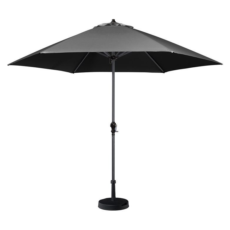 A fully open Triton 3m Round Aluminium Parasol in Grey, complete with its sturdy base, showcases a dark gray hue. This large outdoor patio umbrella boasts a UV rating of 50+ and features fade-resistant fabric.