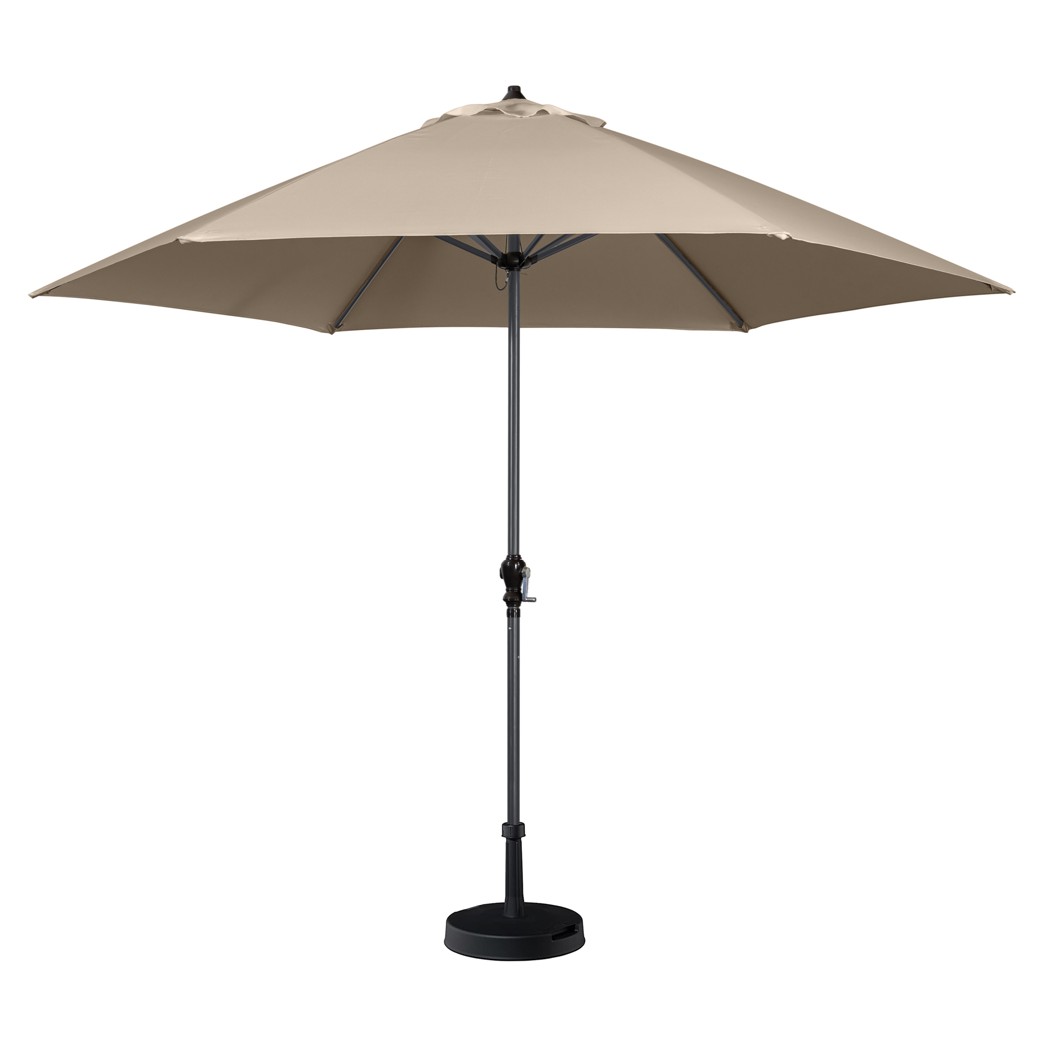 The Triton 2.5m Round Aluminium Parasol in Khaki features a khaki outdoor patio umbrella with a black pole and base on a white background, made from fade-resistant fabric with a UV rating of 50+.