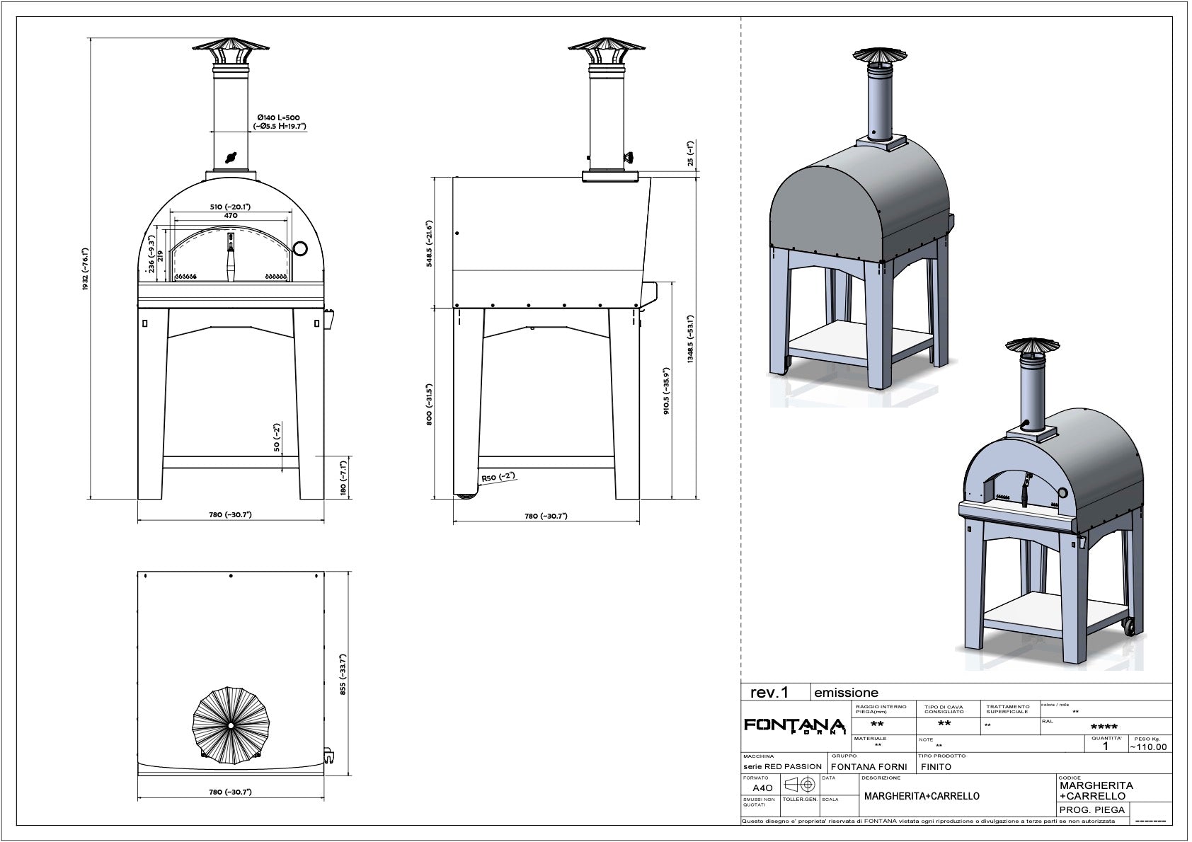 Fontana Margherita Anthracite Wood Pizza Oven Including Trolley