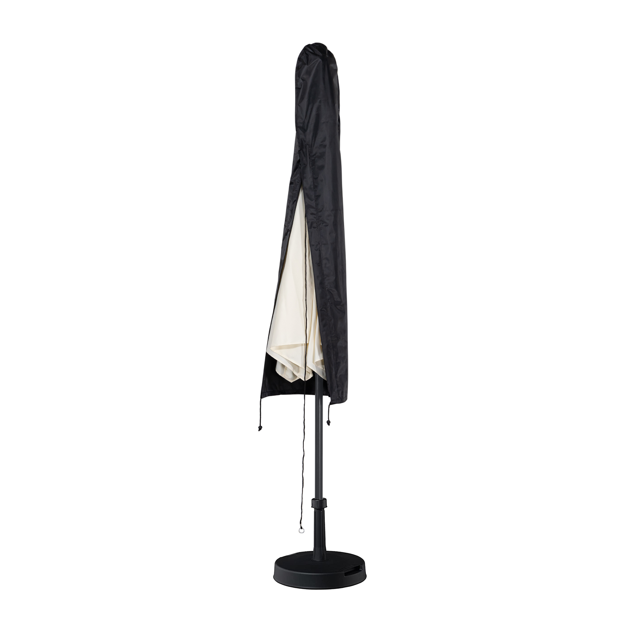 A partially opened black Waterproof Cover 2m Parasol reveals a folded cream-colored patio umbrella on a black stand.