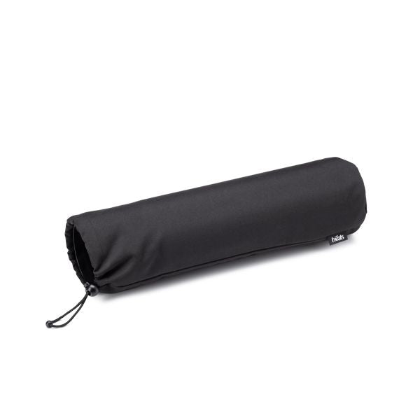 The Höfats SPIN 120 & 1200 Cover is a black cylindrical zipper pouch made of water-repellent material, featuring a drawstring closure on one end to ensure secure fastening.