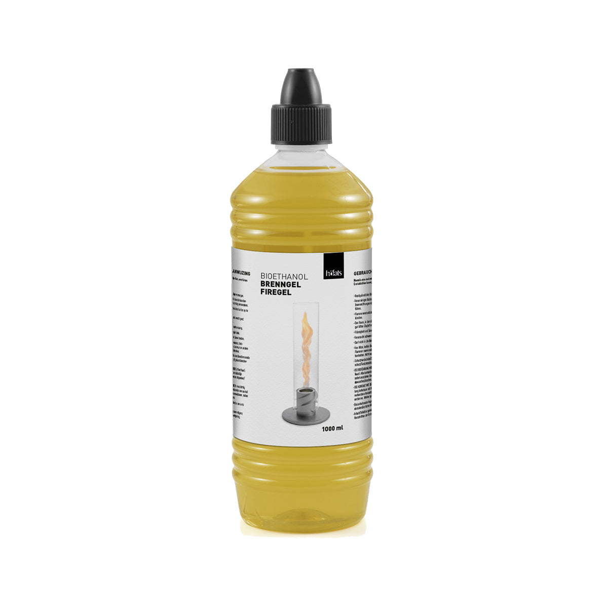 The Höfats Bioethanol Gel 1L Bottle for SPIN 90 & 120 features a black cap, is filled with yellow liquid, and has a label depicting a flame. Made from renewable raw materials, this CO²-neutral product ensures an eco-friendly burn.