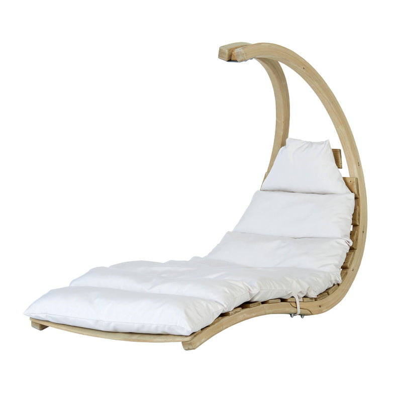 Swing Lounger in Creme: This elegantly curved wooden lounger features plush white cushions and an overhead canopy, crafted with water-repellent fabric to enhance durability.