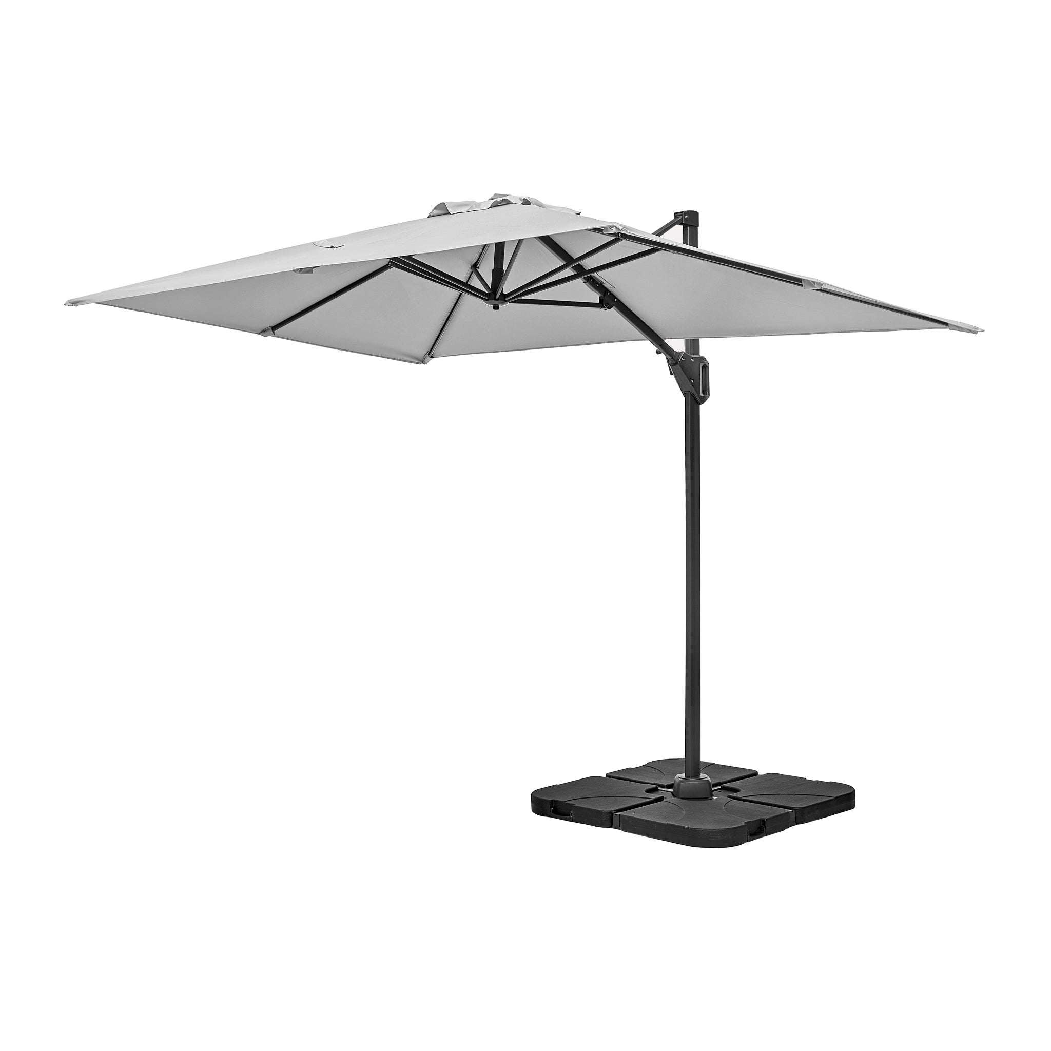 A large Voyager T1 3m x 2m Rectangular Parasol in Grey, complete with a black stand and base, is partially opened and offers 360 degrees rotation.