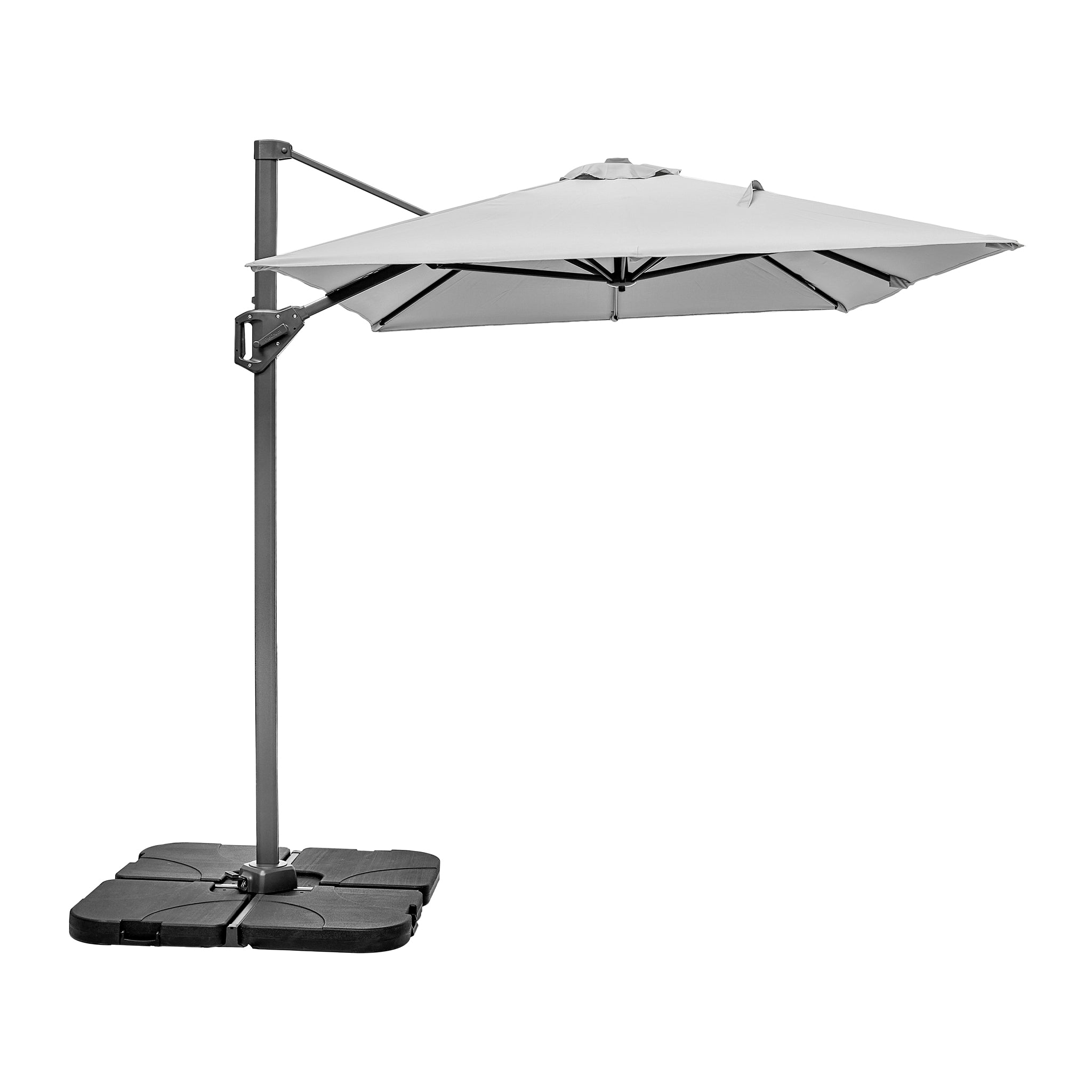 The Voyager T1 3m x 2m Rectangular Parasol in Grey, featuring a sturdy stand and base, offers 360 degrees rotation for versatile shade on a white background.