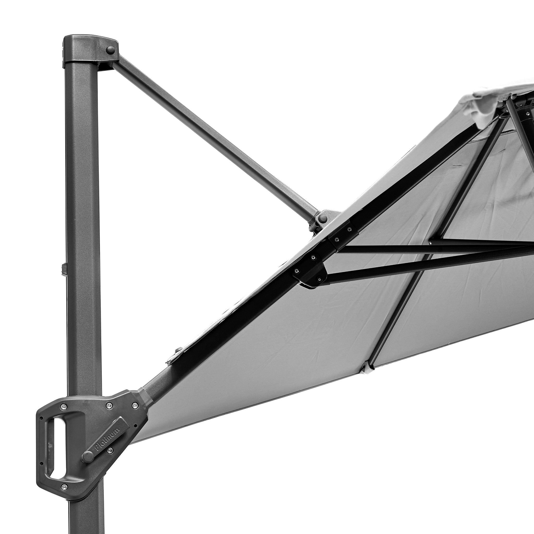 A close-up of the Voyager T1 3m x 2m Rectangular Parasol in Grey reveals its sturdy support structure and adjustable arm mechanism, capable of 360 degrees rotation for optimal coverage.