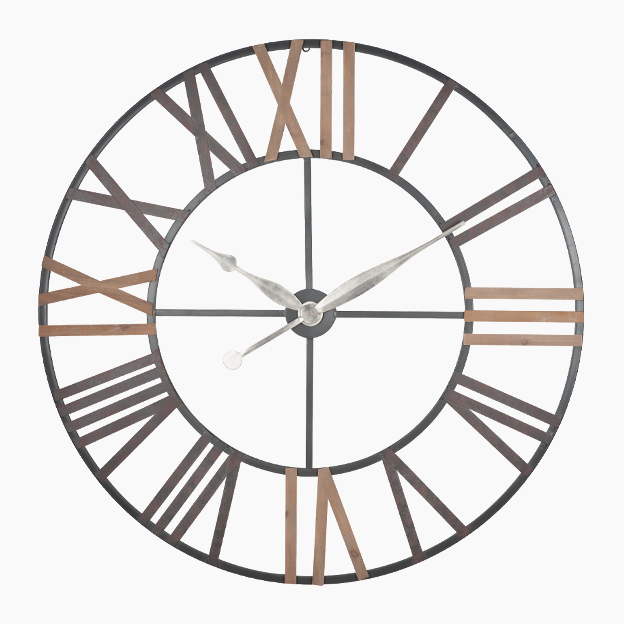 The Antique Grey Metal and Wood Round Wall Clock features a metal frame, Roman numerals, and two hands pointing at approximately 10:11.