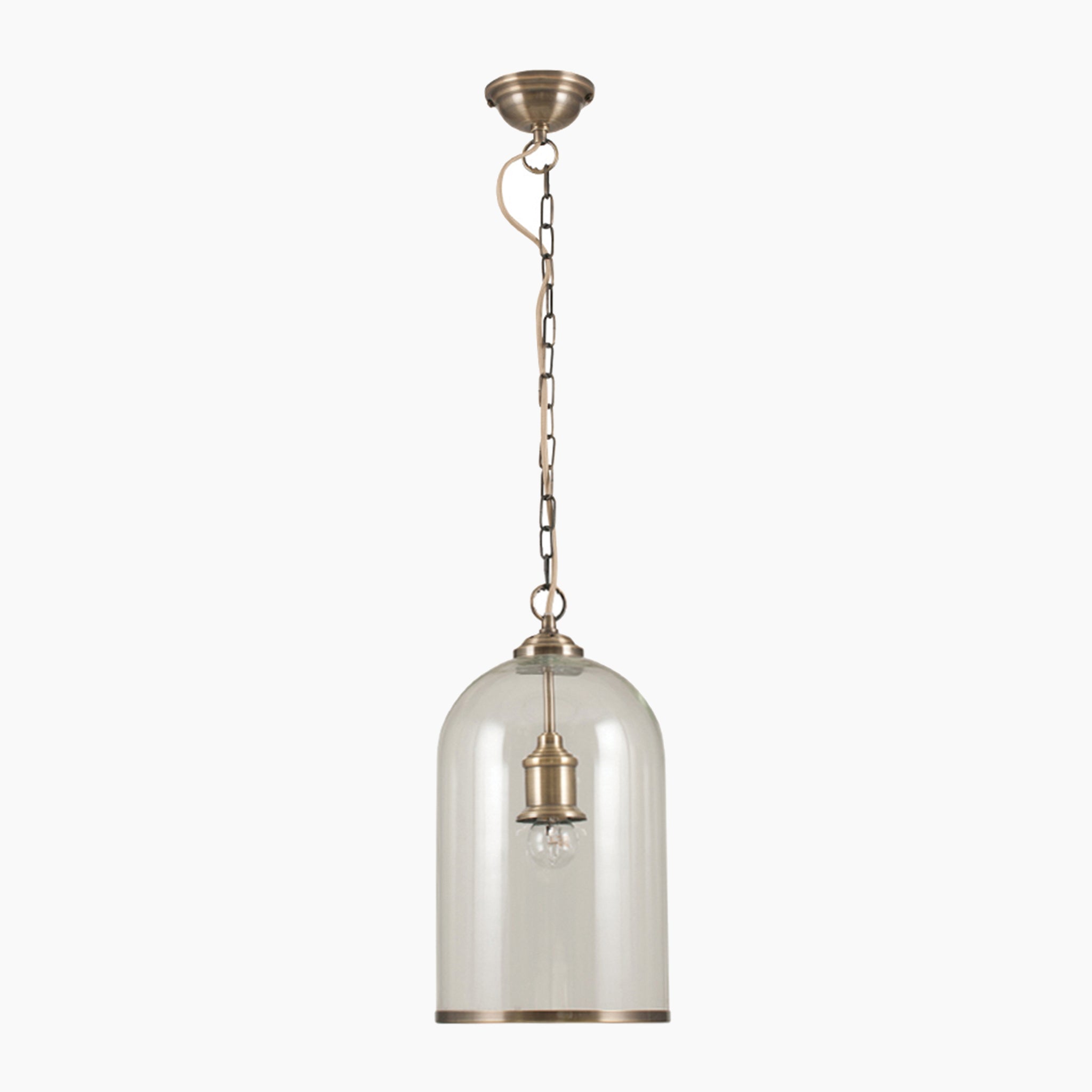 Cloche Clear Glass and Antique Brass Rimmed Pendant, featuring a clear glass cloche shade and suspended by a ceiling chain and cord.