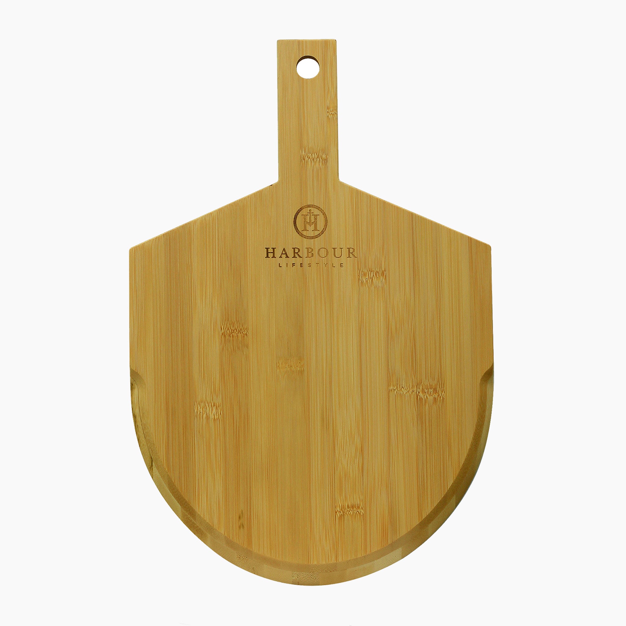 The Bamboo Pizza Board 12" with handle, branded with the "Harbour Lifestyle" logo and featuring a rounded bottom edge, is perfect for your next pizza party.