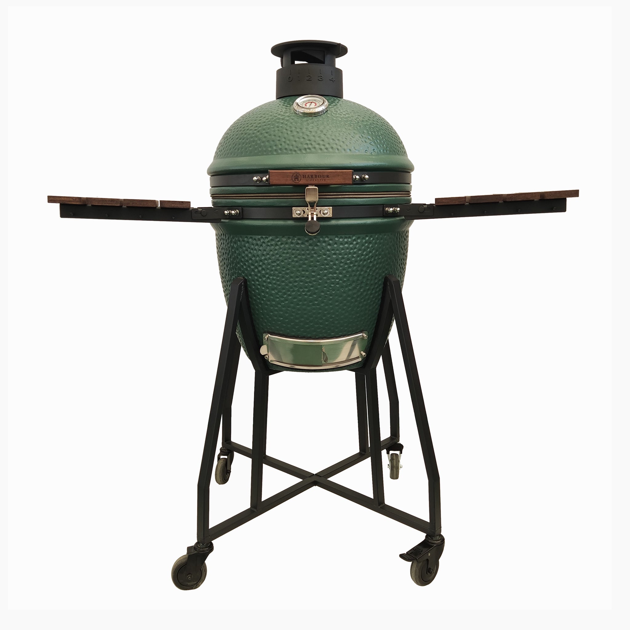 Introducing the Kamado BBQ 18" Ceramic Grill in Matte Green: a robust ceramic kamado grill set on a black metal stand, featuring foldable wooden side tables and caster wheels.