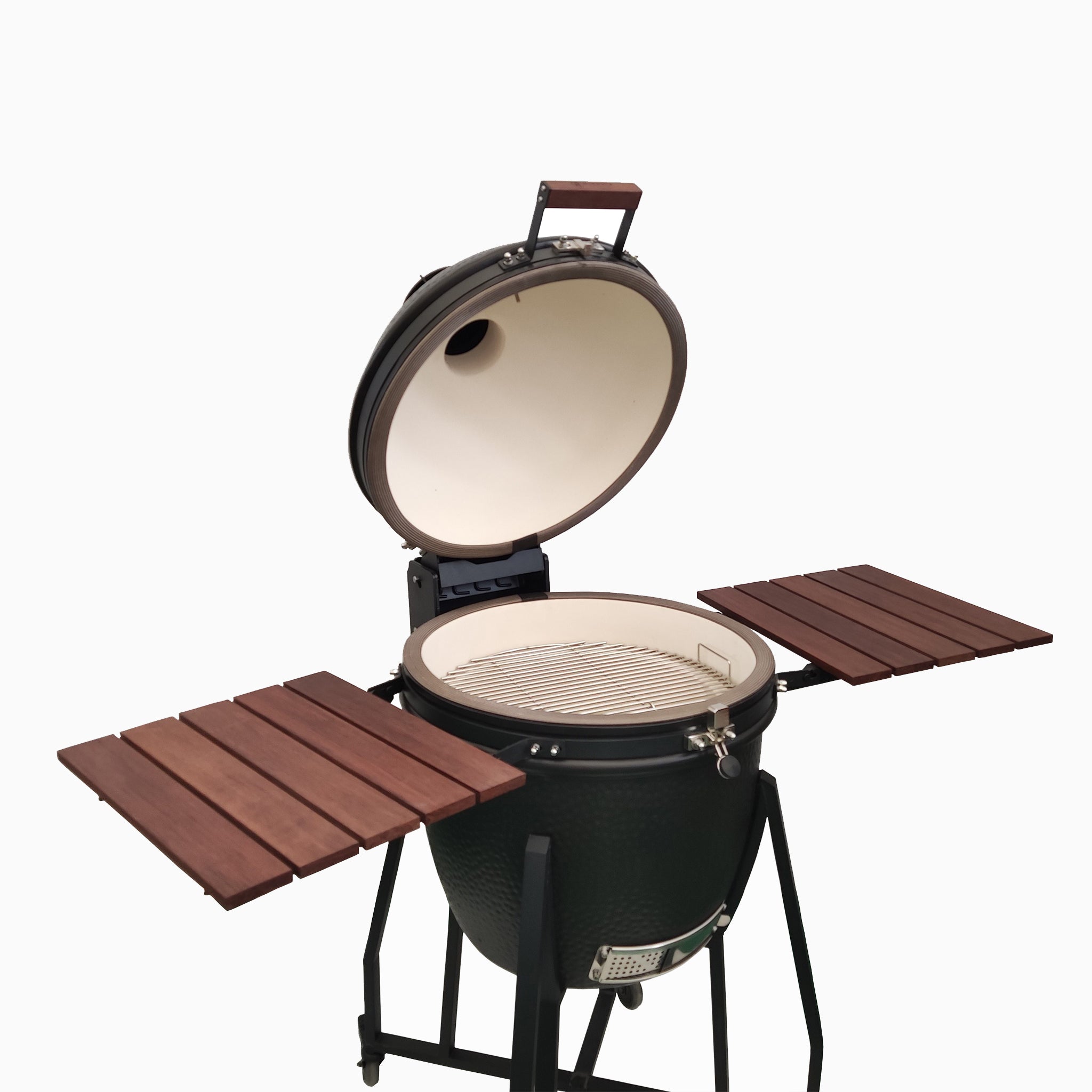 Kamado BBQ 22" Ceramic Grill in Black with an open lid and two wooden side shelves, set on a black metal stand.