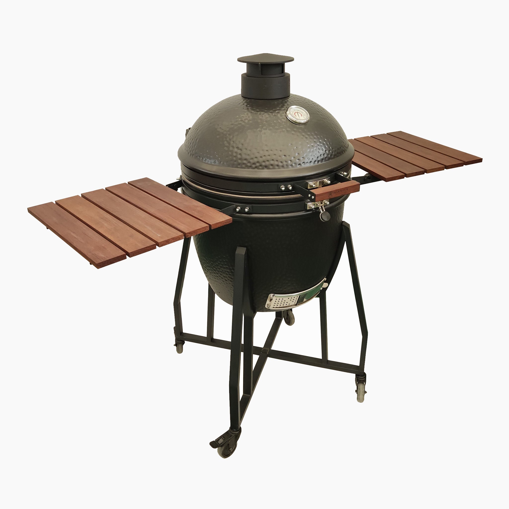 Kamado BBQ 22" Ceramic Grill in Black, featuring a domed lid and mounted on a black metal stand with foldable wooden side shelves; ideal for use as a charcoal smoker.