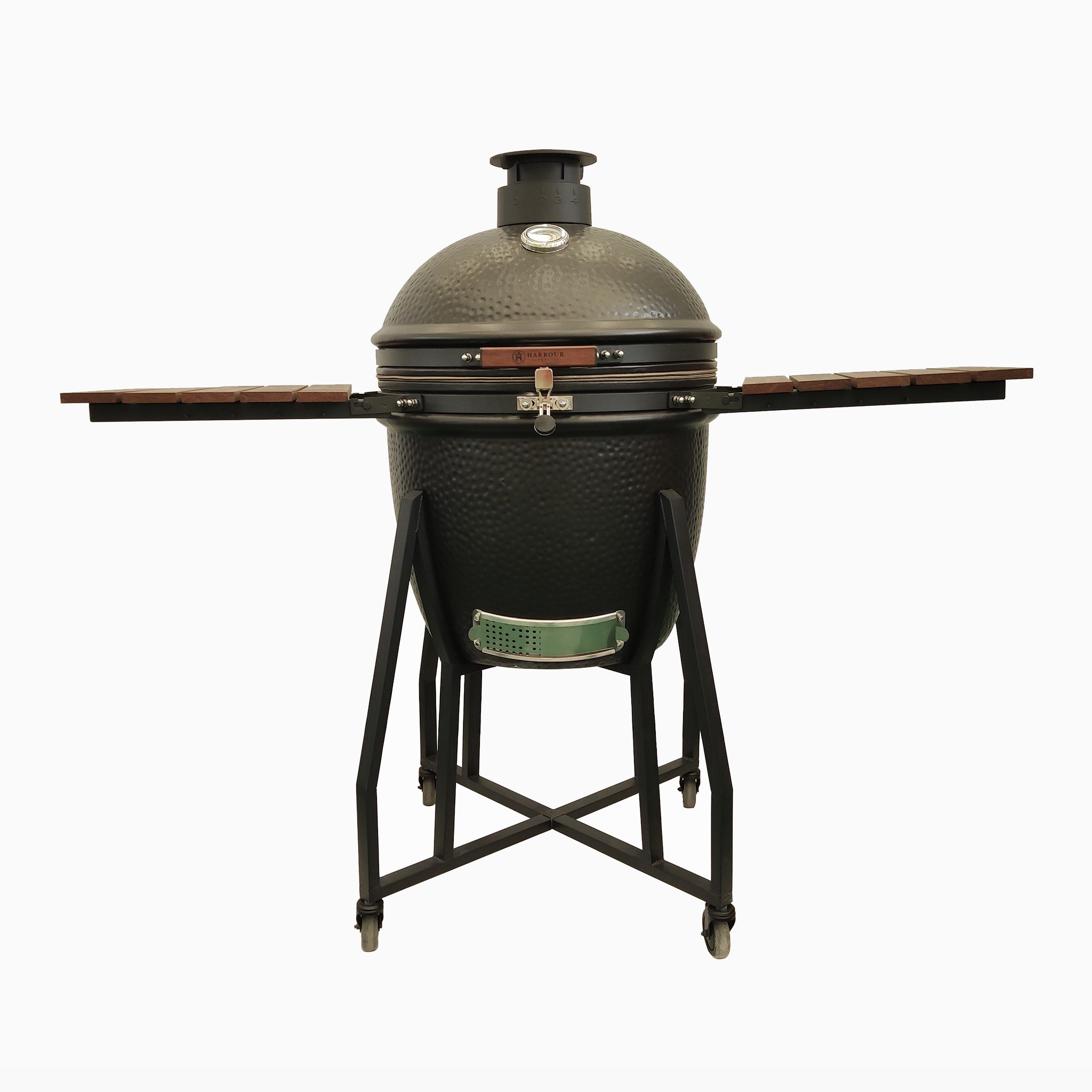 A black ceramic Kamado BBQ 22" grill on a black metal stand with foldable wooden side shelves, seen against a white background.