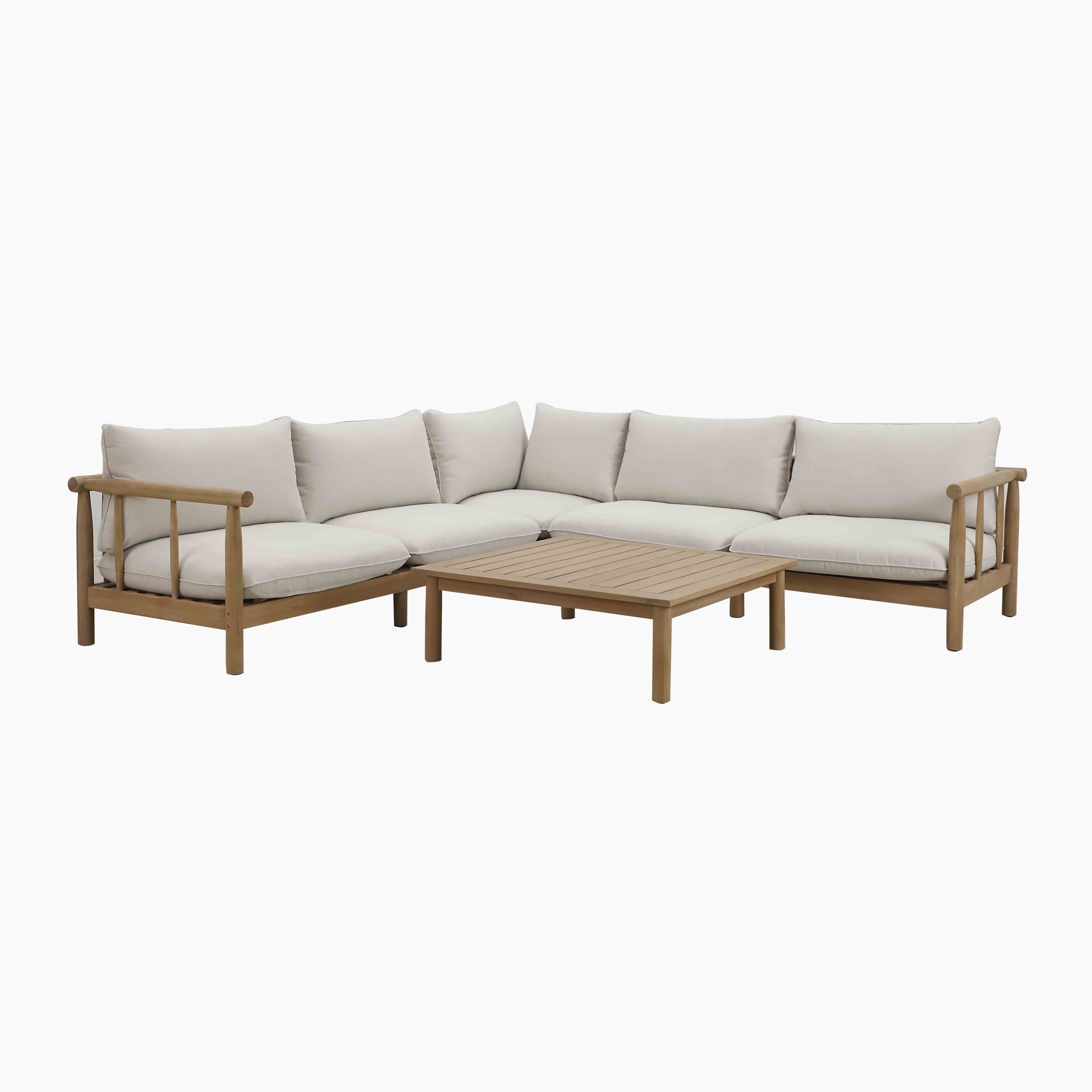 The Lavenham Corner Sofa Set in Linen boasts a sturdy wooden frame crafted from sustainable eucalyptus wood and includes a matching wooden coffee table, all arranged in an inviting L-shaped corner set.