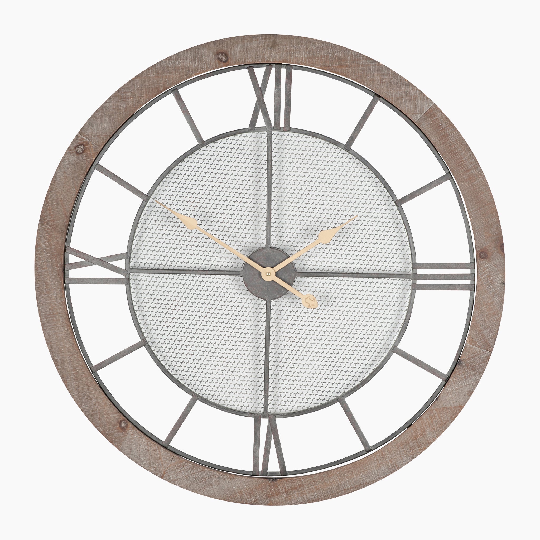 The Natural Wood & Metal Round Wall Clock features a rustic wooden frame, a metal mesh center, and large Roman numerals, making it perfect for an industrial natural setting.