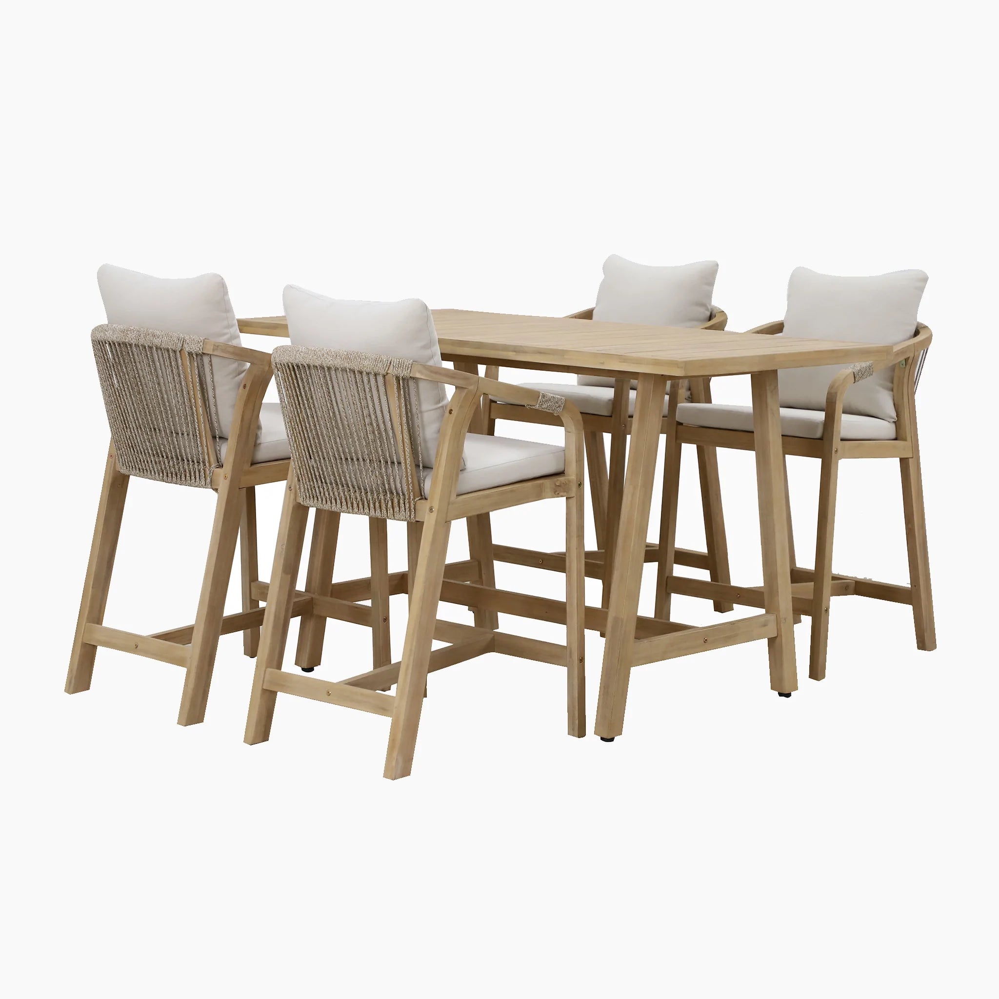 The Quay 4 Seat Rectangular Bar Set in Linen features a wooden dining table accompanied by four matching chairs, each with cushioned seats and backrests, and intricate woven back detailing, all crafted from sustainably sourced acacia wood.